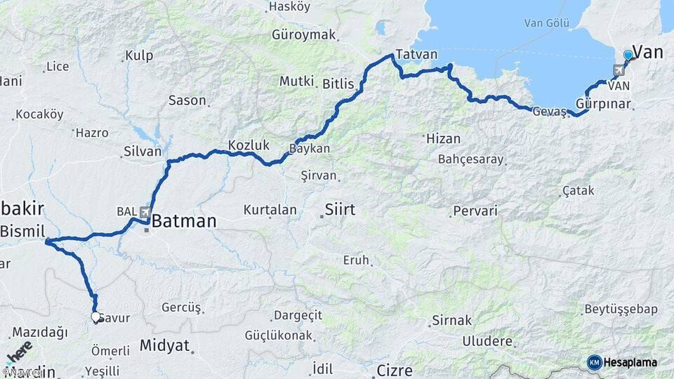 Van Savur Mardin Arası Kaç Km - Yol Haritası