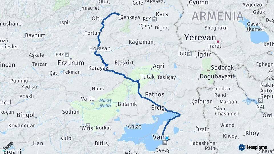 Van Şenkaya Erzurum Arası Kaç Km - Yol Haritası