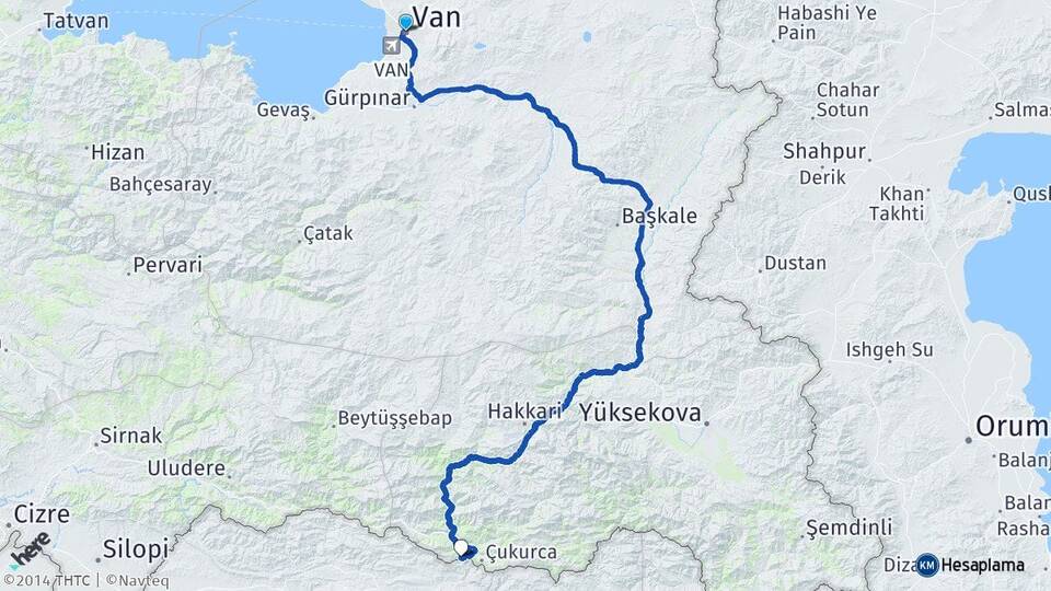 Van Üzümlü Çukurca Hakkari Arası Kaç Km - Yol Haritası