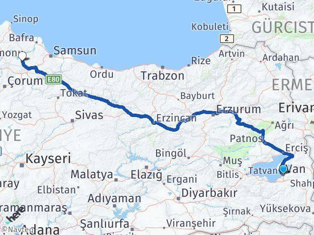 Van Vezirköprü Samsun Arası Kaç Km - Yol Haritası