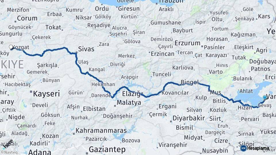 Van Yozgat Arası Kaç Km - Yol Haritası
