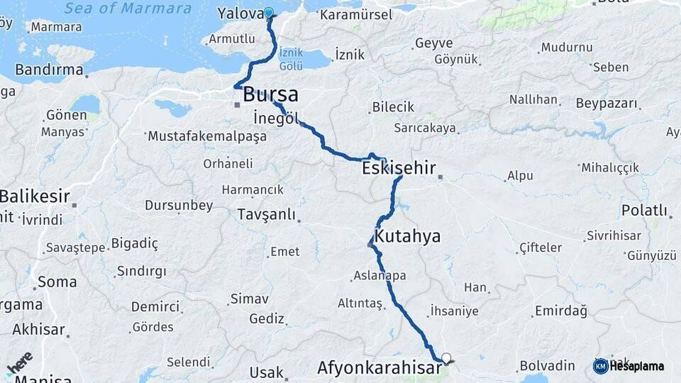 Yalova Afyonkarahisar Arası Kaç Km - Yol Haritası