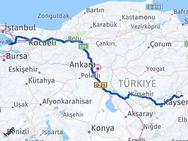 Yalova Akkışla Kayseri Arası Kaç Km - Yol Haritası