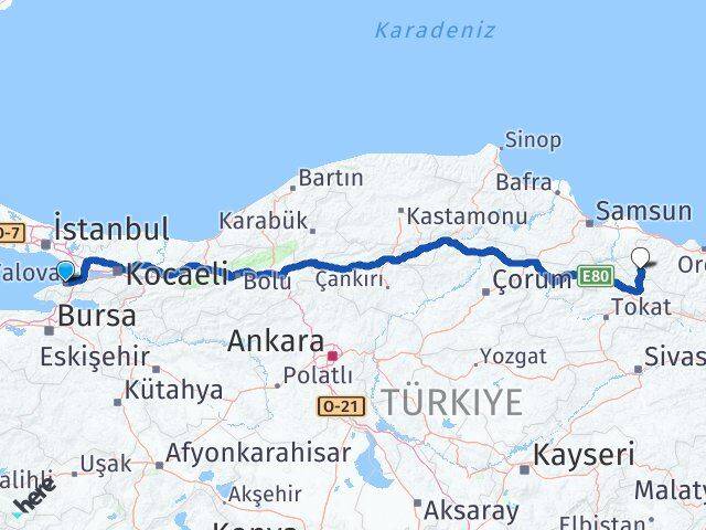 Yalova Akkuş Ordu Arası Kaç Km - Yol Haritası
