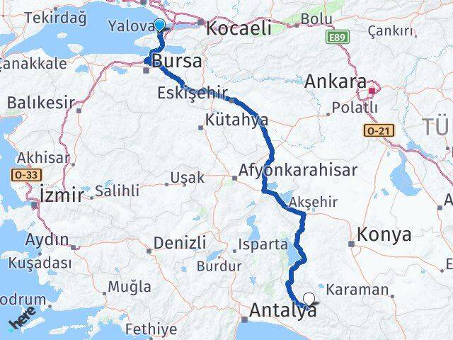 Yalova Akseki Antalya Arası Kaç Km - Yol Haritası