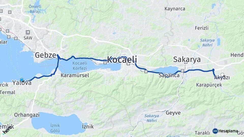 Yalova Akyazı Sakarya Arası Kaç Km - Yol Haritası