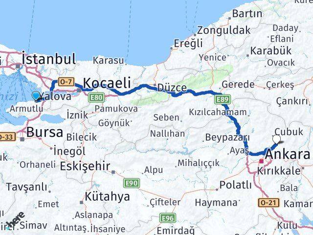 Yalova Akyurt Ankara Arası Kaç Km - Yol Haritası