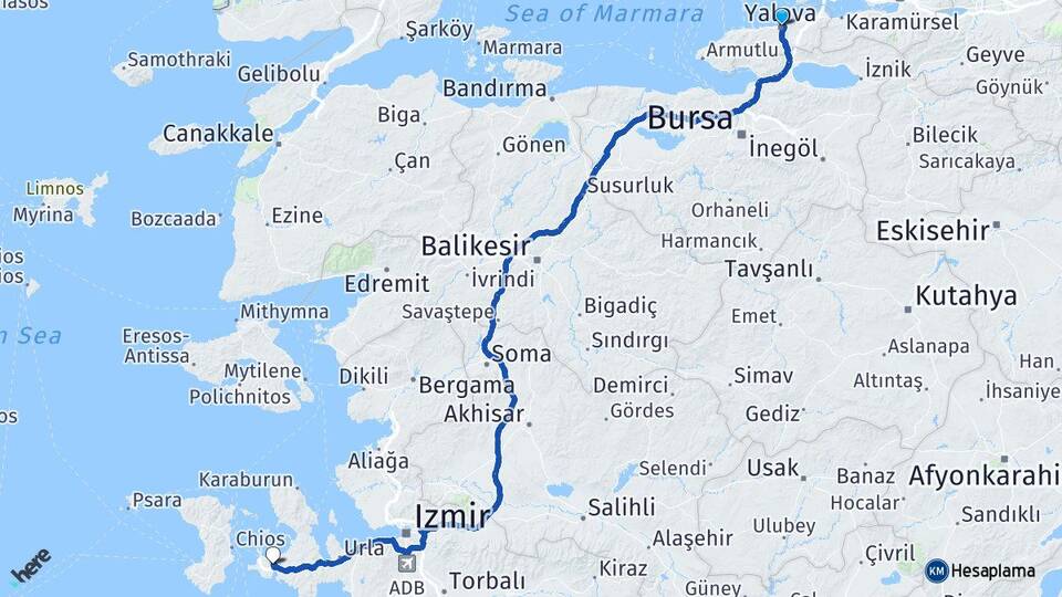 Yalova Alaçatı Çeşme İzmir Arası Kaç Km - Yol Haritası