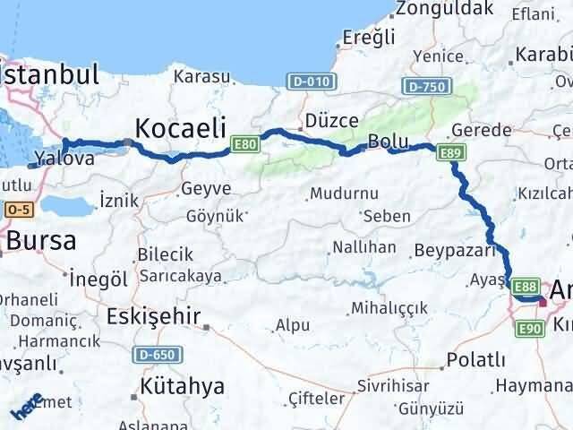 Yalova Altındağ Ankara Arası Kaç Km - Yol Haritası