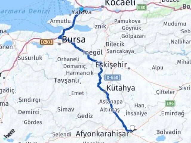 Yalova Altınova Akçin Afyonkarahisar Arası Kaç Km - Yol Haritası