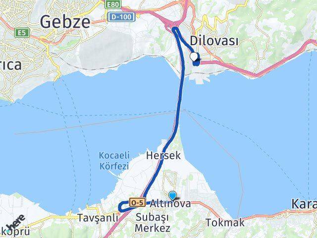 Yalova Altınova Diliskelesi Dilovası Kocaeli Arası Kaç Km - Yol Haritası
