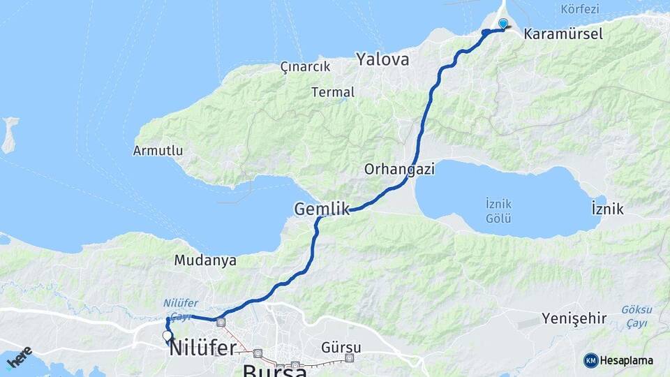 Yalova Altınova Görükle Nilüfer Bursa Arası Kaç Km - Yol Haritası