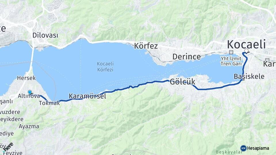 Yalova Altınova Körfez İzmit Kocaeli Arası Kaç Km - Yol Haritası