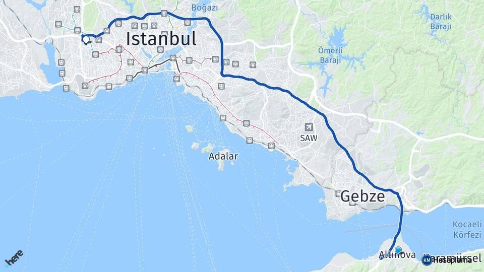 Yalova Altınova Mahmutbey Bağcılar İstanbul Arası Kaç Km - Yol Haritası