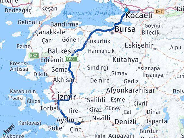 Yalova Altınova Umurlu Efeler Aydın Arası Kaç Km - Yol Haritası