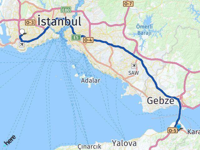 Yalova Altınova Yenibosna Bahçelievler İstanbul Arası Kaç Km - Yol Haritası