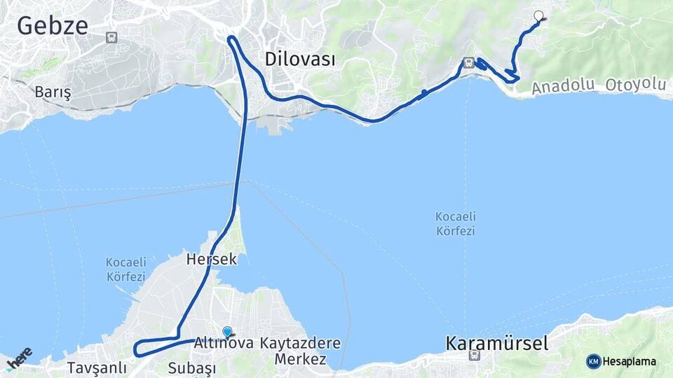 Yalova Altınova Yukarı Hereke Körfez Kocaeli Arası Kaç Km - Yol Haritası
