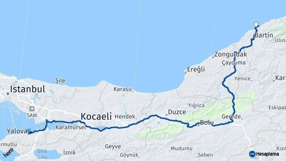 Yalova Amasra Bartın Arası Kaç Km - Yol Haritası