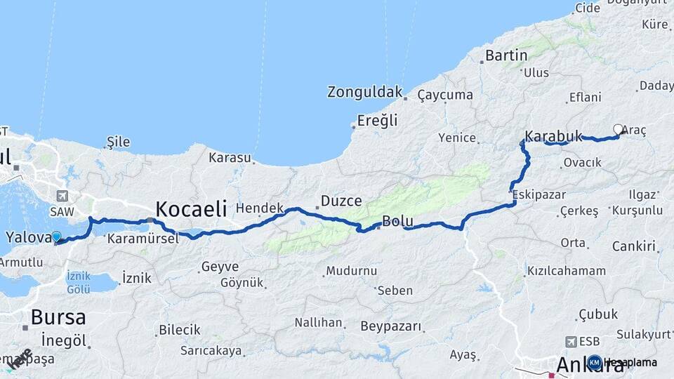 Yalova Araç Kastamonu Arası Kaç Km - Yol Haritası