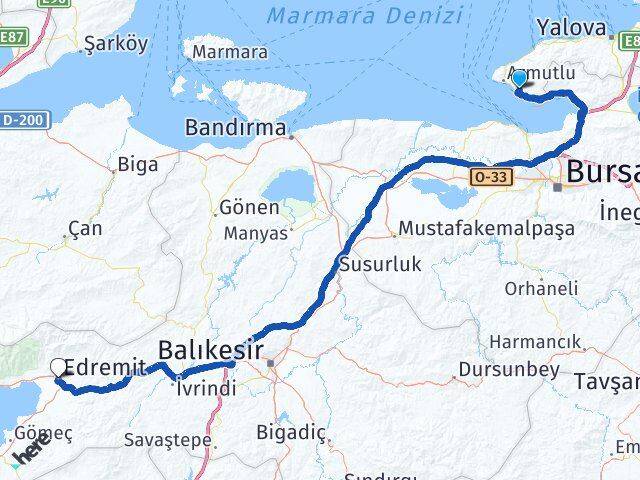 Yalova Armutlu Fıstıklı Edremit Balıkesir Arası Kaç Km - Yol Haritası