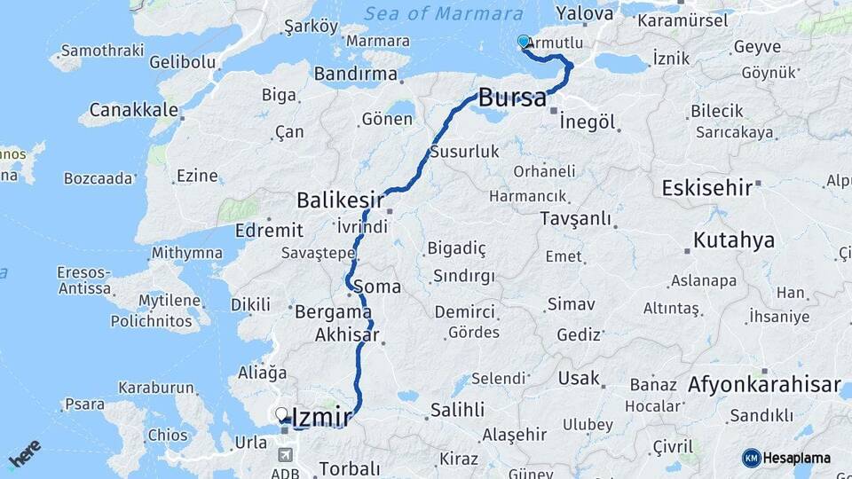 Yalova Armutlu Karşıyaka İzmir Arası Kaç Km - Yol Haritası