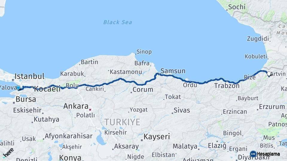 Yalova Artvin Arası Kaç Km - Yol Haritası