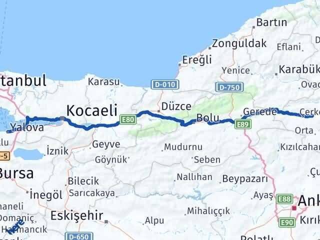 Yalova Atkaracalar Çankırı Arası Kaç Km - Yol Haritası