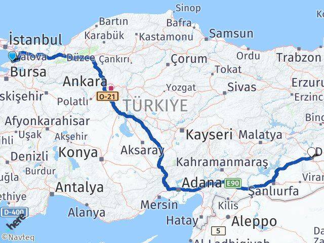 Yalova Bağlar Diyarbakır Arası Kaç Km - Yol Haritası
