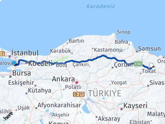 Yalova Başçiftlik Tokat Arası Kaç Km - Yol Haritası