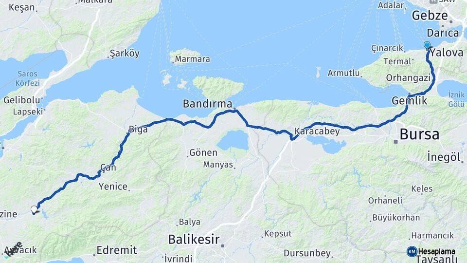 Yalova Bayramiç Çanakkale Arası Kaç Km - Yol Haritası