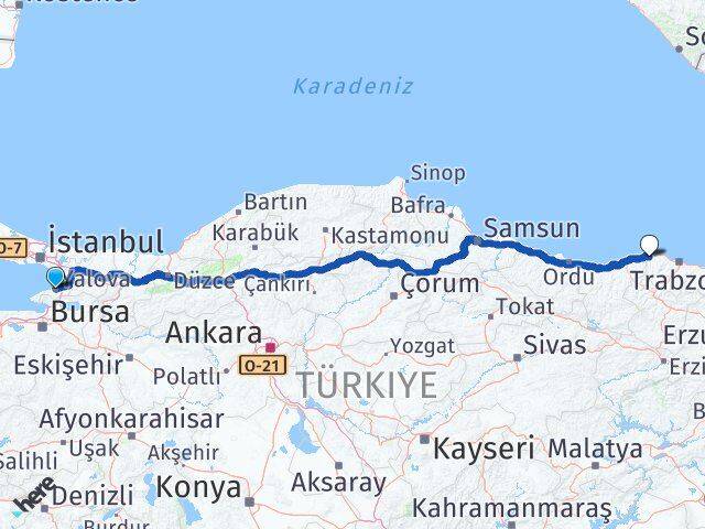 Yalova Beşikdüzü Trabzon Arası Kaç Km - Yol Haritası