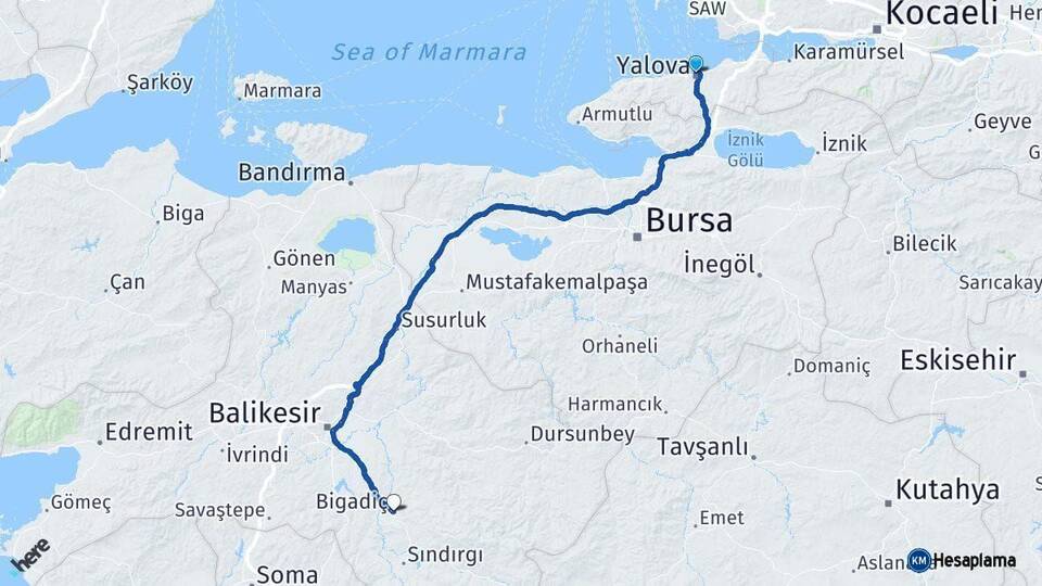 Yalova Bigadiç Balıkesir Arası Kaç Km - Yol Haritası
