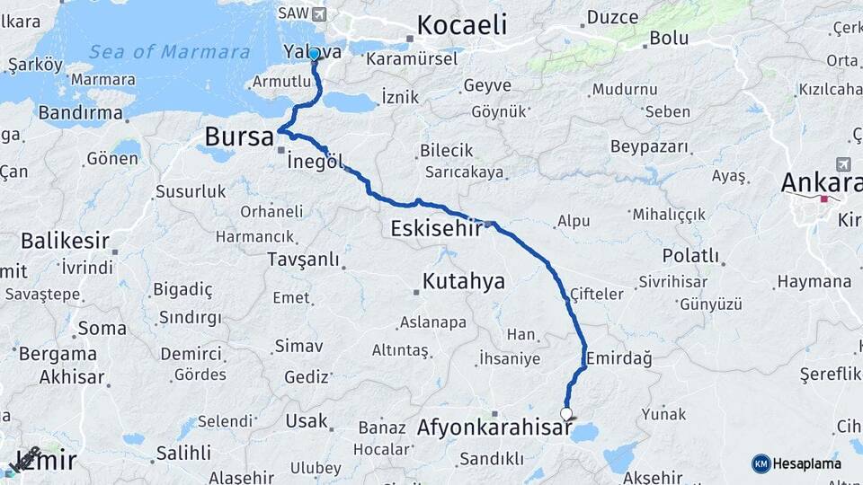 Yalova Bolvadin Afyonkarahisar Arası Kaç Km - Yol Haritası