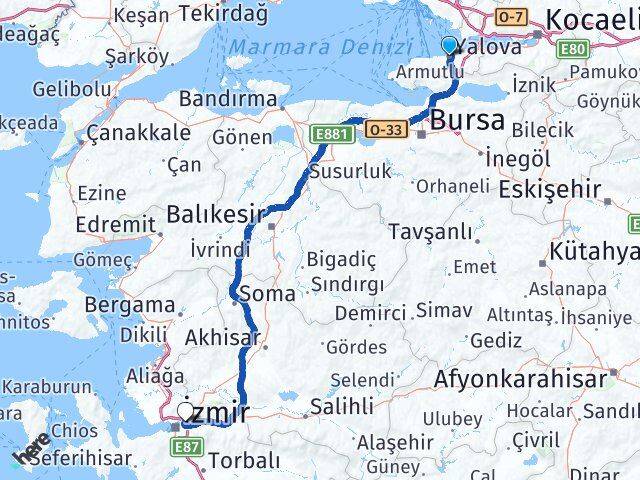 Yalova Bornova İzmir Arası Kaç Km - Yol Haritası