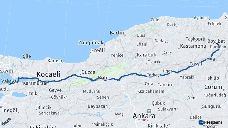 Yalova Boyabat Sinop Arası Kaç Km - Yol Haritası