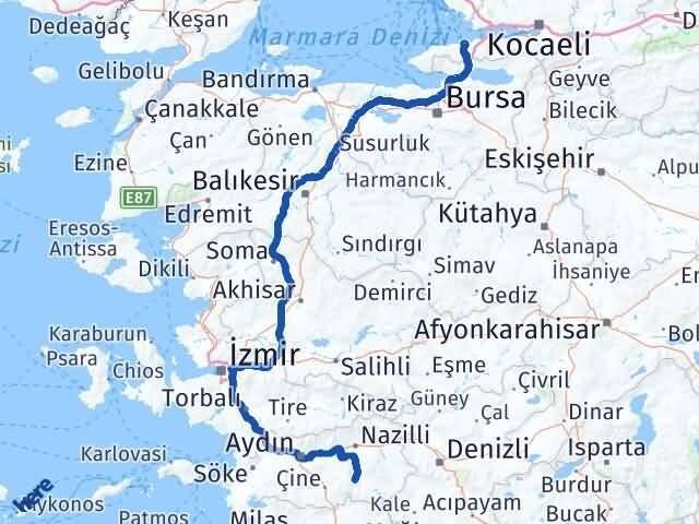 Yalova Bozdoğan Aydın Arası Kaç Km - Yol Haritası