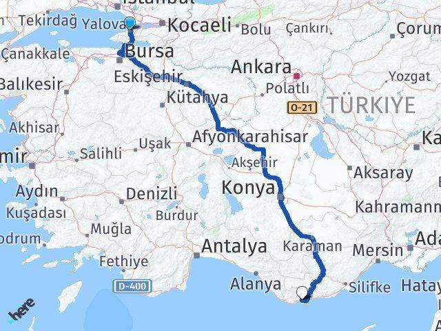 Yalova Bozyazı Mersin Arası Kaç Km - Yol Haritası
