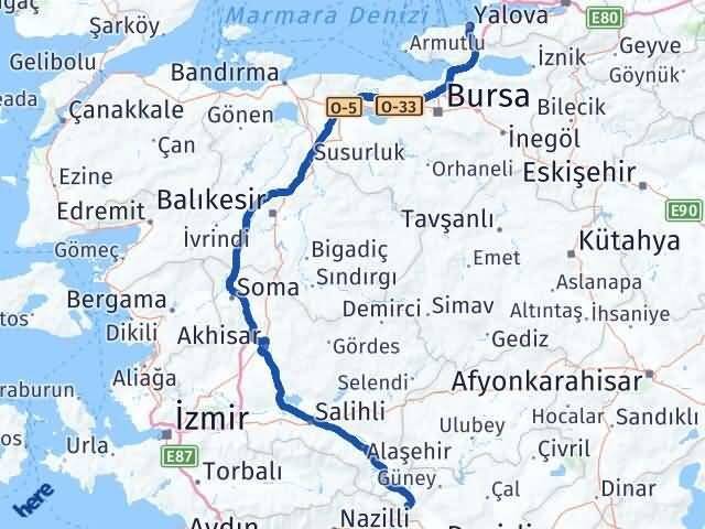 Yalova Buldan Denizli Arası Kaç Km - Yol Haritası
