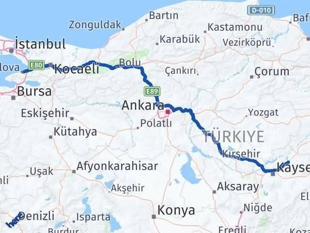 Yalova Bünyan Kayseri Arası Kaç Km - Yol Haritası
