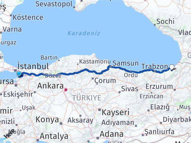 Yalova Çamlıhemşin Rize Arası Kaç Km - Yol Haritası