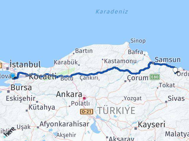 Yalova Çatalpınar Ordu Arası Kaç Km - Yol Haritası