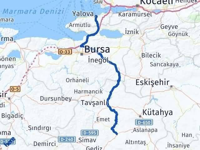 Yalova Çavdarhisar Kütahya Arası Kaç Km - Yol Haritası