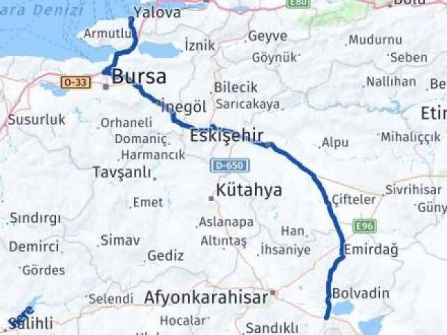 Yalova Çay Afyonkarahisar Arası Kaç Km - Yol Haritası