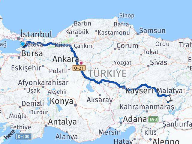 Yalova Çelikhan Adıyaman Arası Kaç Km - Yol Haritası