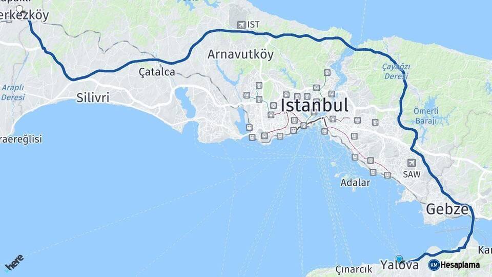 Yalova Çerkezköy Tekirdağ Arası Kaç Km - Yol Haritası