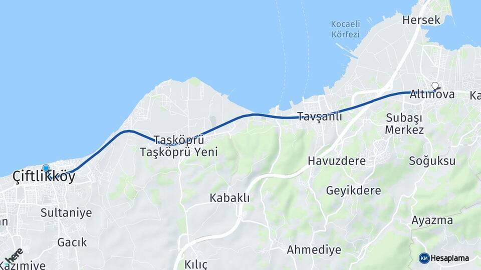Yalova Çiftlikköy Altınova Arası Kaç Km - Yol Haritası