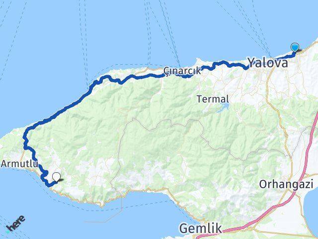 Yalova Çiftlikköy Fıstıklı Armutlu Arası Kaç Km - Yol Haritası