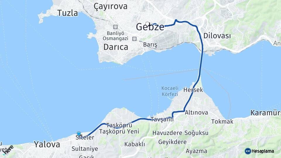 Yalova Çiftlikköy Gebze Kocaeli Arası Kaç Km - Yol Haritası