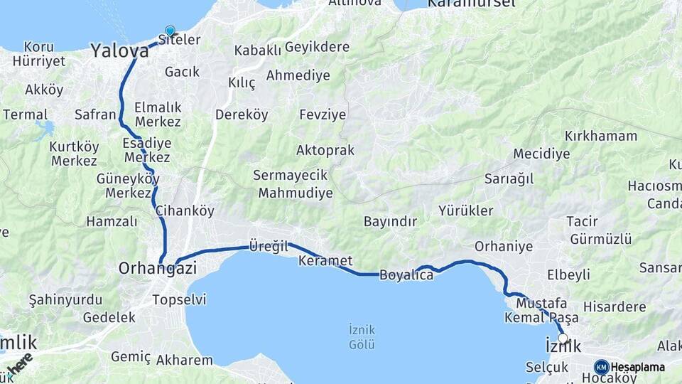 Yalova Çiftlikköy İznik Bursa Arası Kaç Km - Yol Haritası