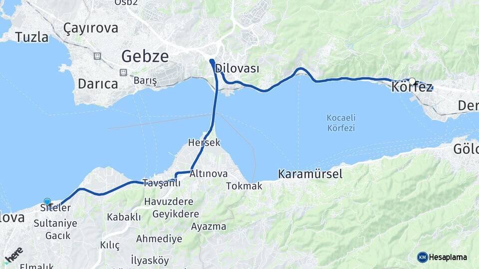 Yalova Çiftlikköy Körfez Kocaeli Arası Kaç Km - Yol Haritası